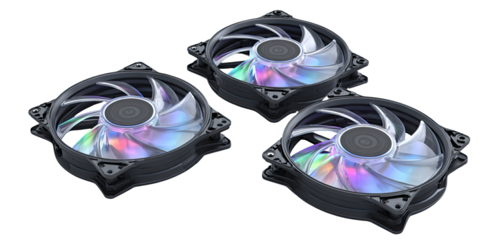 Three computer cooling fans with vibrant rainbow-hued blades
