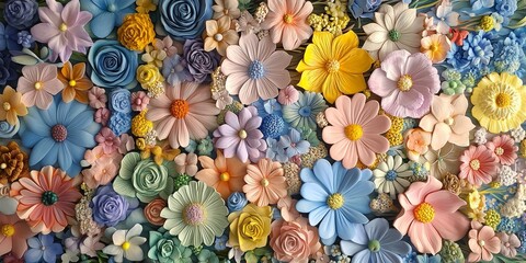 A bright and colorful mosaic of paper or clay flowers in a variety of styles