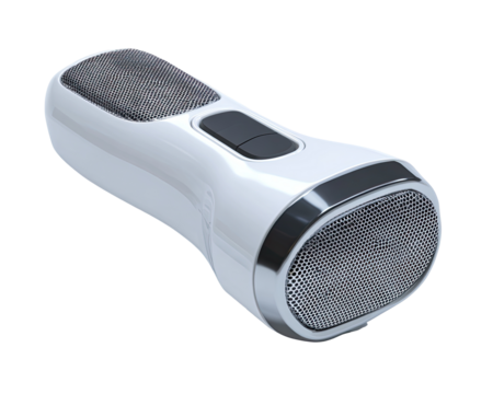 Portable, white handheld device with silver accents.  Small, cylindrical shape with perforated metal grilles at each end.  A dark switch is visible on the body.  3D rendering