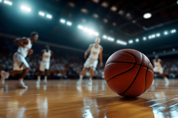 Dynamic basketball action shot on court with players in motion