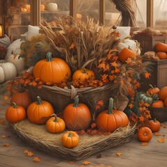 A rustic basket overflows with vibrant orange pumpkins and colorful autumn leaves, creating a charming thanksgiving centerpiece