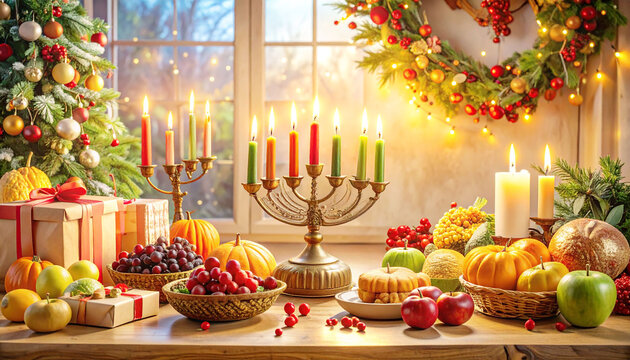 Warm Festive Holiday Table with Menorah, Christmas Tree, Gifts, Fruits & Candles, Celebrating Diverse Winter Traditions