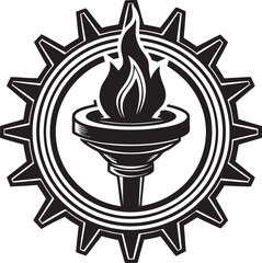 Stylized Torch Emblem with Gear and Flame fire cogwheel