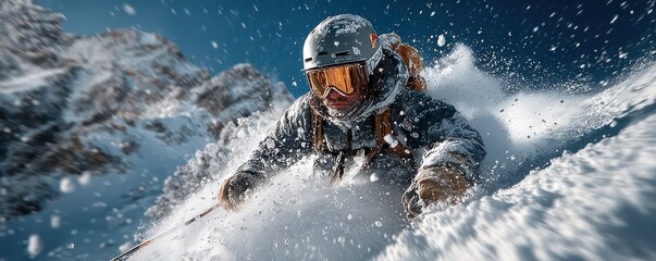 Dynamic skier carving through fresh powder on a snowy mountain slope