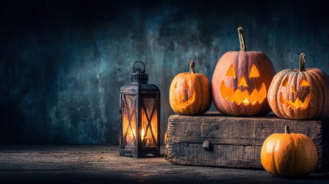 Halloween photoshoot close up with pumpkins and burning candles and lambada