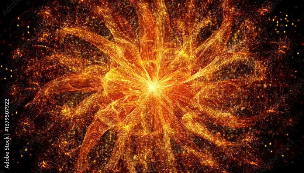 Wall mural radiant golden light explosion with glowing particle burst abstract energy background perfect for di