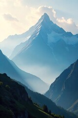Misty mountain range shrouded in ethereal smoke, creating a dramatic and mysterious landscape Sunlight filters through the hazy peaks, illuminating the rugged terrain , fog, wilderness, landscape