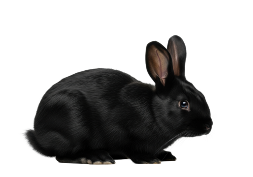 A young wild jet black rabbit with velvet-like fur, twitching ears, and alert eyes, crouched low against a pristine transparent studio background, dramatically lit. Concept of wild animal caution and