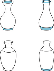 Set of four different detailed illustrations of decorative vases with a white and blue design, showing varied shapes