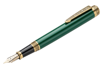 A meticulously crafted antique-inspired emerald green lacquered fountain pen with ornate brass cap and gold nib, on transparent background, isolated. Timeless luxury writing instrument concept