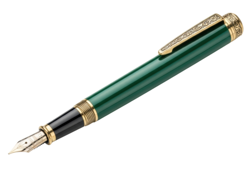 A meticulously crafted antique-inspired emerald green lacquered fountain pen with ornate brass cap and gold nib, on transparent background, isolated. Timeless luxury writing instrument concept