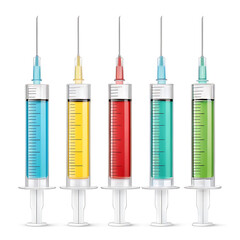 Five colorful syringes filled with different liquids for medical use white background