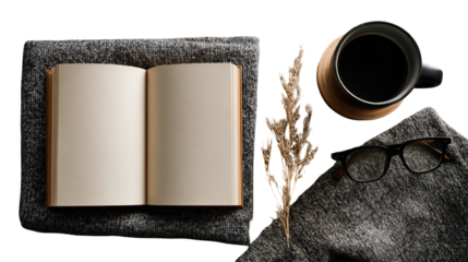 Open Notebook with Clean Mug of Coffee Classic Setup on Transparent Background