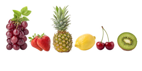 Red grapes strawberries pineapple lemon cherries kiwi isolated on a transparent background fruit