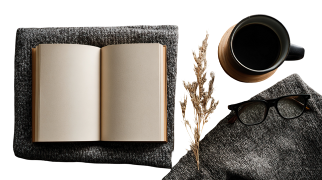 Open Notebook with Clean Mug of Coffee Classic Setup on Transparent Background