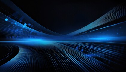 futuristic neon blue digital corridor with glowing light beams and geometric grid lines for high tech sci fi background or virtual reality design