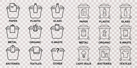 Set of 18 recycling bin icons for waste sorting in minimalist outline style – clean vector pack for eco education and signage