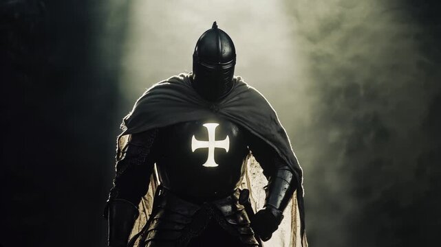 templar knight with shining cross on his chest. dark background setting. camera zooming in