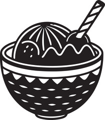 Black and white illustration of a tropical dessert in a bowl