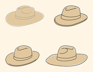 Set of four detailed illustrations of a wide-brimmed hat with a band, showing different angles and perspectives on a beige background