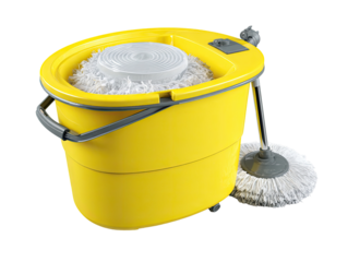 Yellow cleaning bucket with mop head.  Rounded, plastic bucket,  bright yellow exterior, gray accents.  Rotating mop head and wringer.  Practical household item