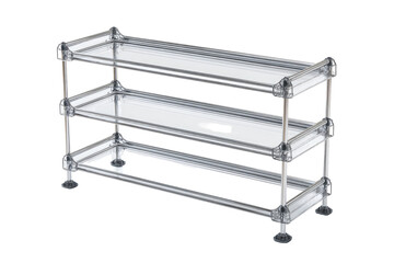 Three-tiered shelving unit with transparent shelves
