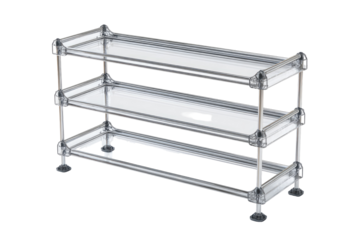 Three-tiered shelving unit with transparent shelves