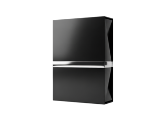 A sleek geometric matte black package with a polished silver band, isolated against a transparent background with ample copy space, concept of premium packaging design