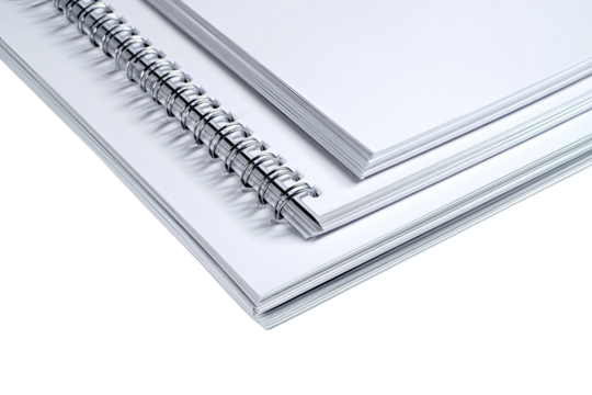 Stack of blank white spiral-bound notebooks.  Close-up of the pages and binding