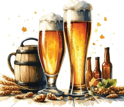 Refreshing craft beer illustration showcasing two full glasses beer bottles a wooden barrel hops walnuts and wheat for brewery advertising and restaurant menus