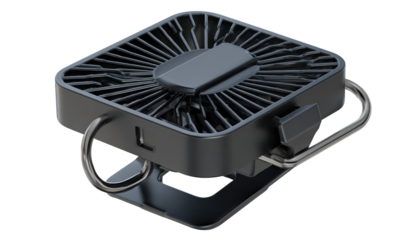 Compact, square, black personal fan.  Features a  radiating fan design, and foldable stand