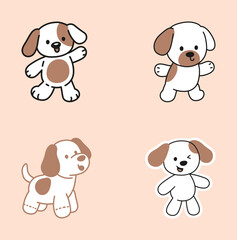 Set of four different illustrations of a cute little cartoon dog with brown spots, showing various poses and expressions