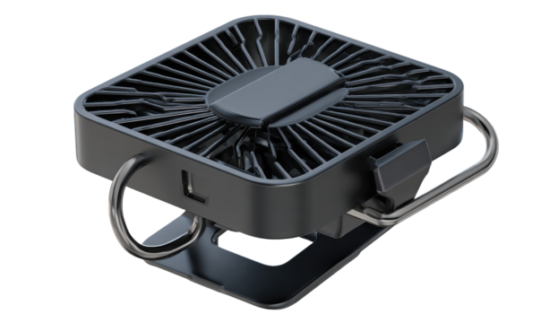 Compact, square, black personal fan.  Features a  radiating fan design, and foldable stand