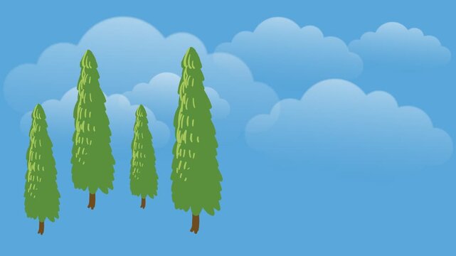 draw scenery of conical tree in hilly area with flying bird and cloudy sky on blue screen background
