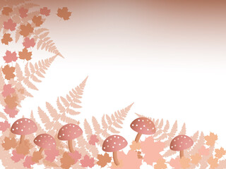 Pink Autumn leaves and toadstools on white background