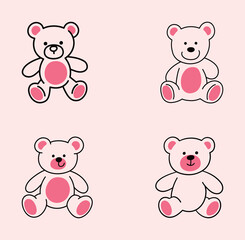 Set of four adorable illustrations of a teddy bear, showing different poses and cute, playful expressions with pink details