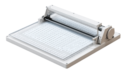 A white, tabletop precision cutter.  It features a sliding blade mechanism and a gridded surface for precise positioning