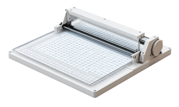 A white, tabletop precision cutter.  It features a sliding blade mechanism and a gridded surface for precise positioning