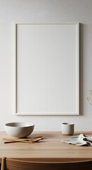 Serene Japandi Dining Scene with a Blank Vertical Frame Mockup for Wall Art.