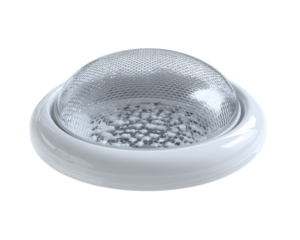 Small, round, white light fixture with clear dome.  Features a textured, translucent cover over an inner light source