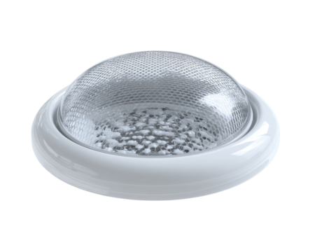 Small, round, white light fixture with clear dome.  Features a textured, translucent cover over an inner light source