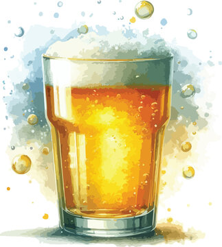 Refreshing pint of beer watercolor painting with effervescence and frothy head perfect for celebrating happy hour or social gatherings