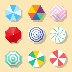 Beach umbrellas with various patterns vector illustration top view
