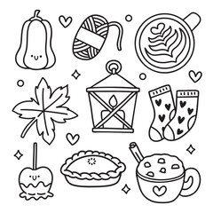 Coloring cute colorful hand drawn fall season doodles elements. Coloring page for kids and adults.