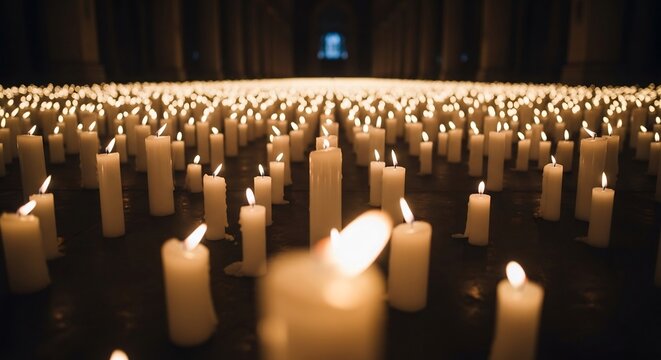 Candles illuminate a somber space, ideal for memorial services, vigils, and remembrance events.  Evokes peace, hope, and remembrance. Use for holiday, or solemn designs.