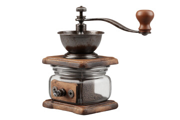 Antique coffee grinder with wooden base and metal components.  Dark brown, metal grinder with wooden handle.  Clear glass container holds coffee beans.  Isolated on black