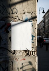 Sunlit Blank Poster Mockup on a Cracked GraffitiCovered Pillar in a Gritty Urban Street.