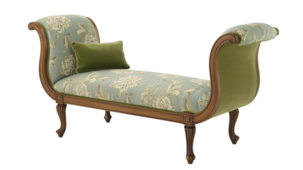 Elegant chaise lounge upholstered with floral fabric and green pillow
