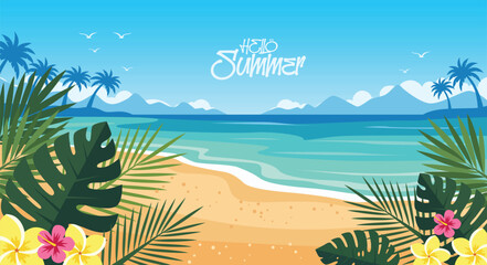 A vibrant cartoon illustration of a tropical beach scene with palm trees, flowers, blue sea, and mountains in the background.
