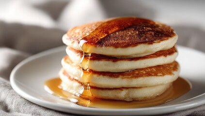 Stack of golden brown pancakes drizzled with amber syrup on a white plate